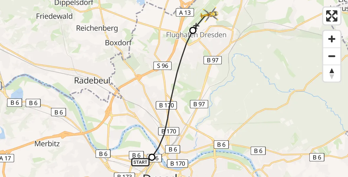 Flugroute Rettungshubschrauber Dresden Friedrichstadt Hospital - Dresden Bundespolizei Hubschrauberlandeplatz, 15 Mai 2026, 15:20