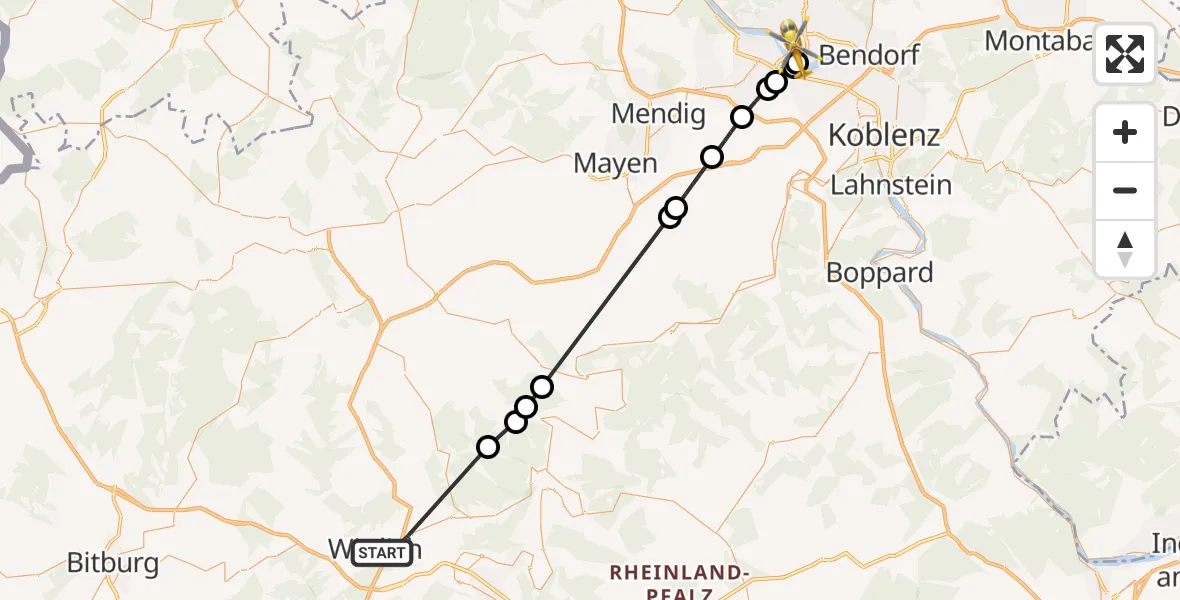 Flugroute Ambulanzhubschrauber Wittlich - Neuwied, 15 Mai 2026, 15:20