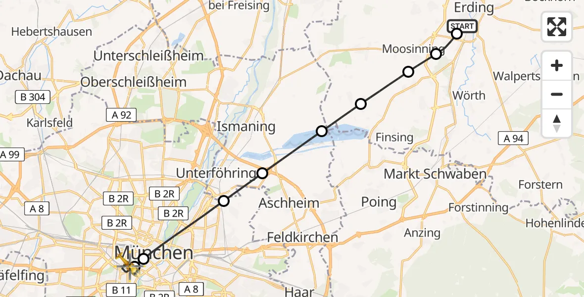 Flugroute Rettungshubschrauber Erding District Hospital - München, 15 Mai 2026, 15:22