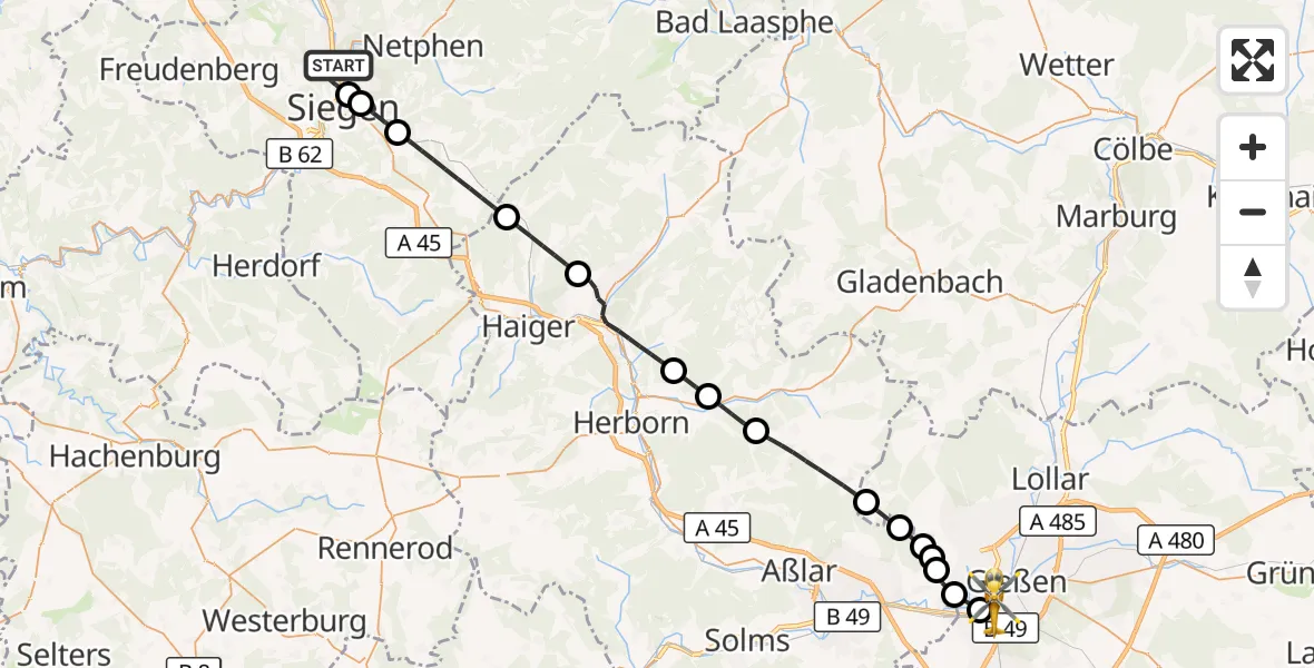 Flugroute Rettungshubschrauber Siegen - Gießen, 15 Mai 2026, 15:25