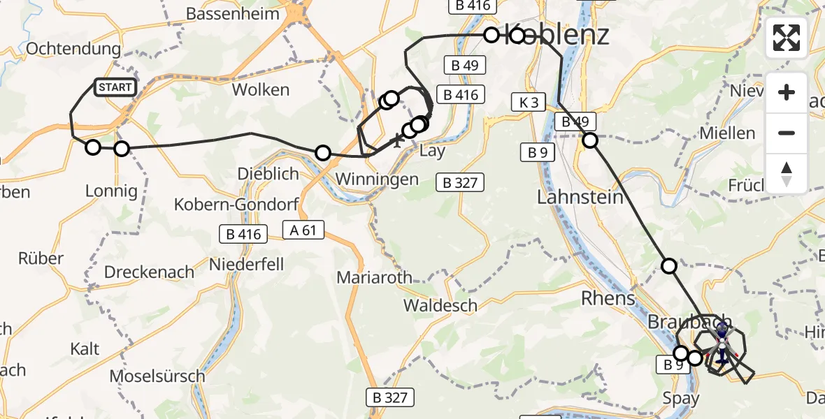 Flugroute Polizeihubschrauber Ochtendung - Braubach, 15 Mai 2026, 15:27