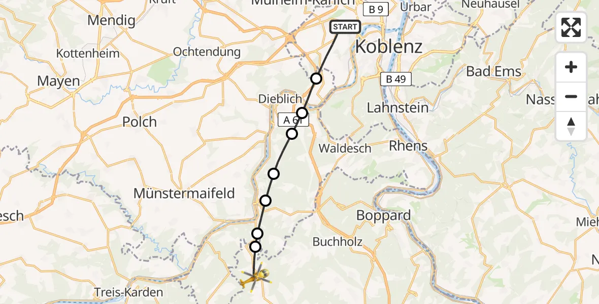Flugroute Rettungshubschrauber Koblenz - Morshausen, 15 Mai 2026, 15:31