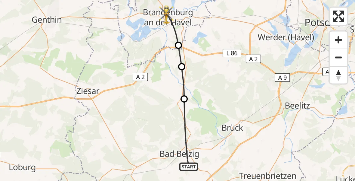 Flugroute Rettungshubschrauber Bad Belzig - Brandenburg an der Havel, 15 Mai 2026, 15:39