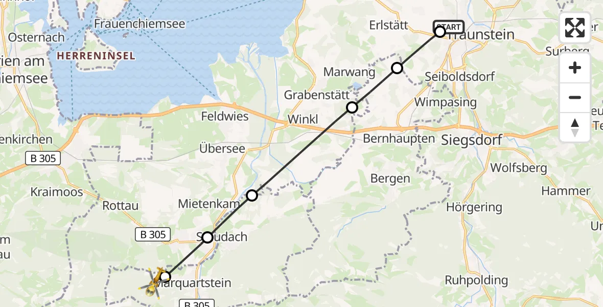 Flugroute Rettungshubschrauber Traunstein Hospital - Marquartstein, 15 Mai 2026, 15:43