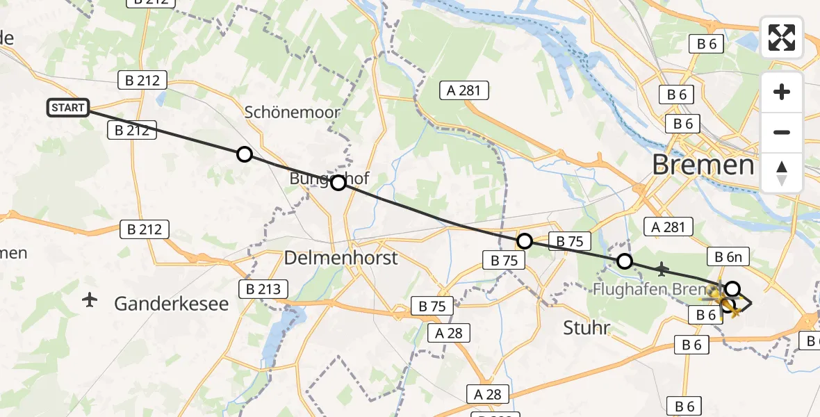 Flugroute Rettungshubschrauber Hude (Oldb) - ADAC Air Rescue Station Bremen Hubschrauberlandeplatz (Christoph 6), 15 Mai 2026, 15:48