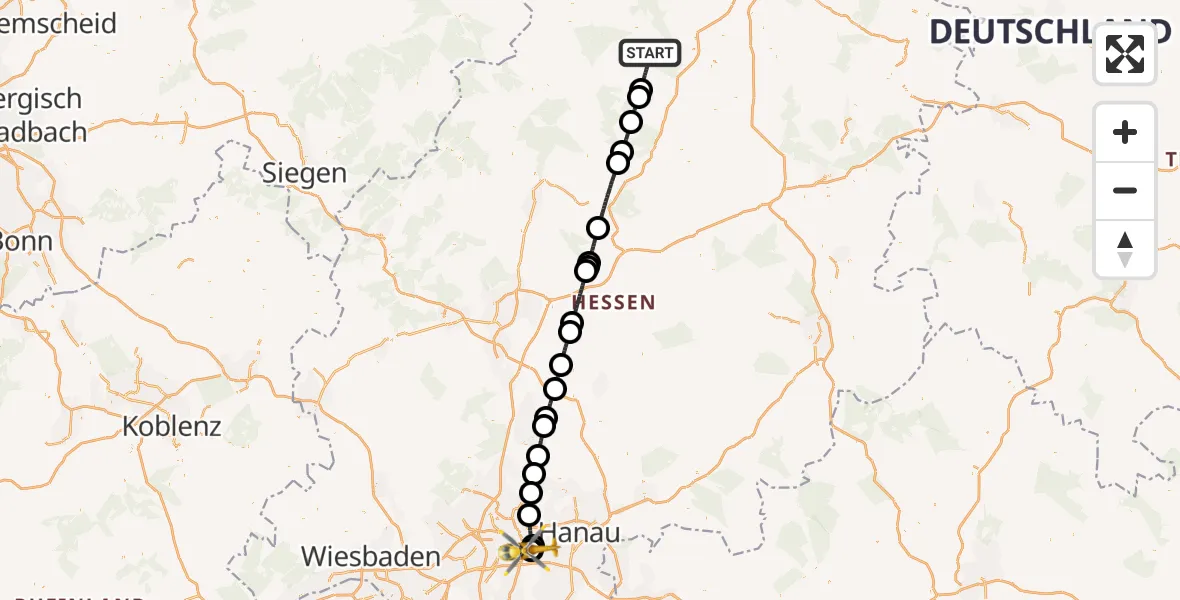 Flugroute Rettungshubschrauber Bad Wildungen - Sana Hospital Offenbach, 15 Mai 2026, 15:48