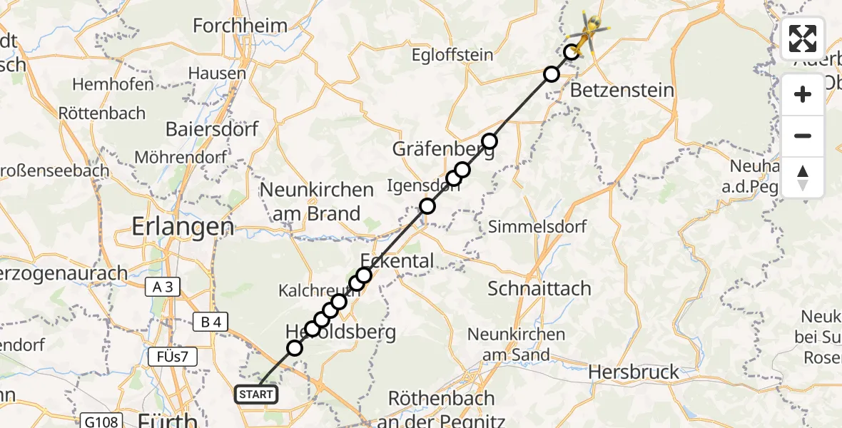 Flugroute Ambulanzhubschrauber Flughafen Nuremberg - Pottenstein, 15 Mai 2026, 15:51