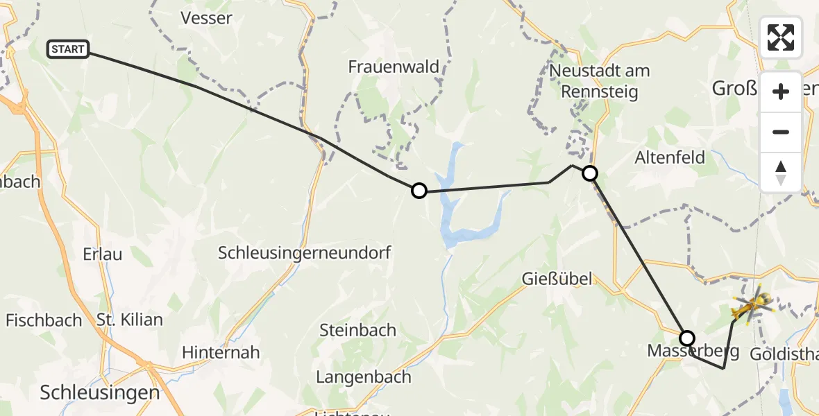 Flugroute Rettungshubschrauber Schleusingen - Masserberg, 15 Mai 2026, 15:54