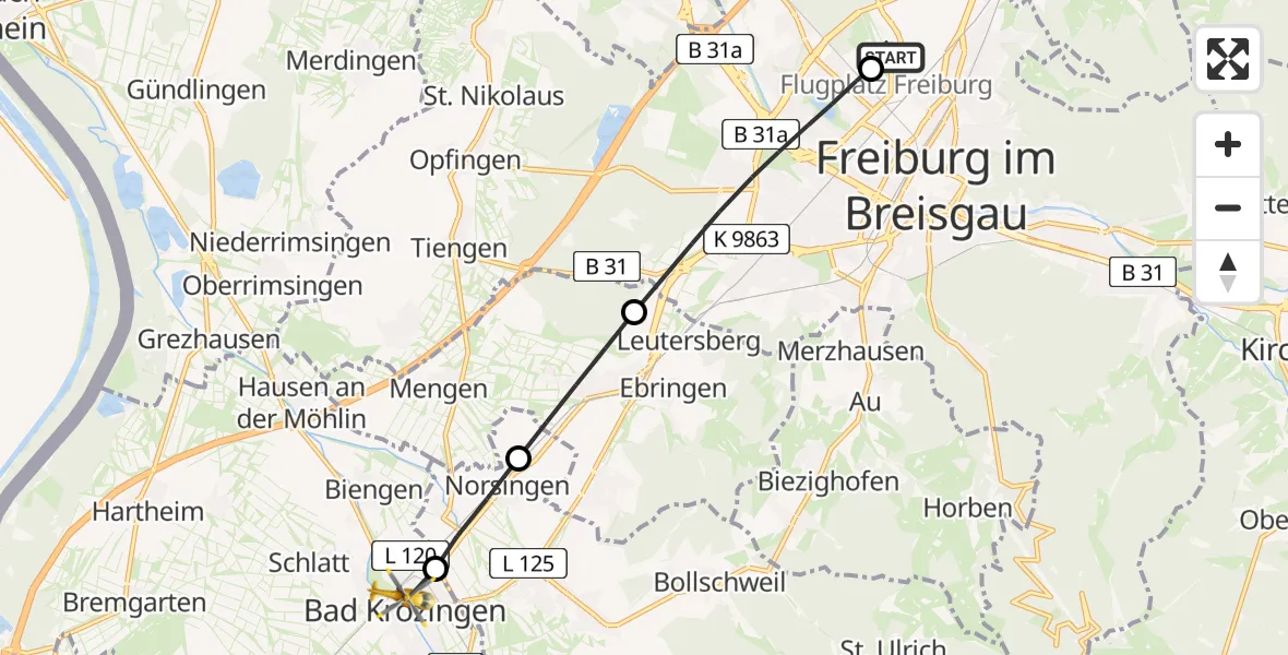 Flugroute Rettungshubschrauber Freiburg im Breisgau Flugplatz - Bad Krozingen, 15 Mai 2026, 15:58