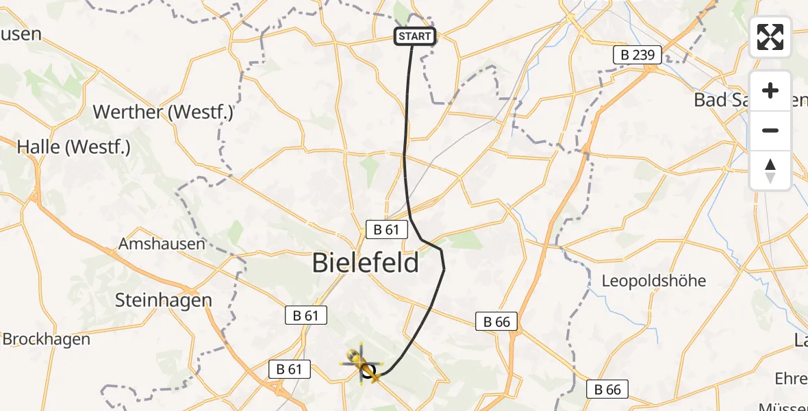Flugroute Rettungshubschrauber Bielefeld - Luftrettungszentrum Bielefeld, 15 Mai 2026, 15:59