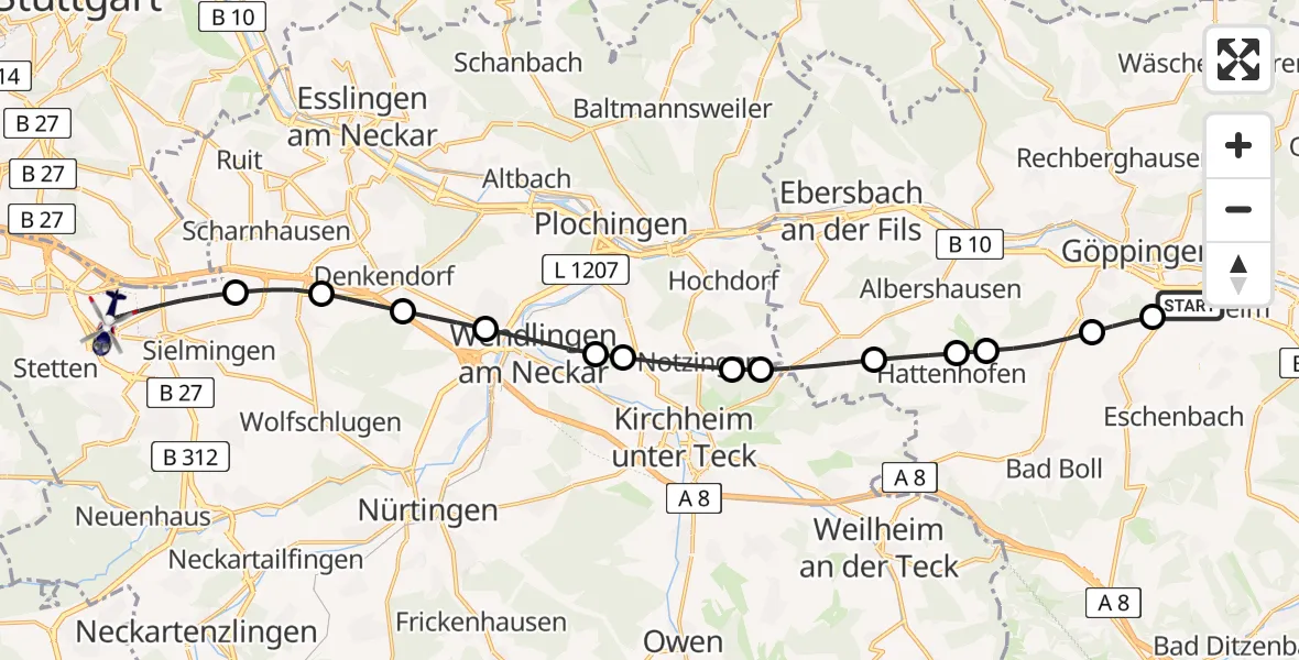 Flugroute Polizeihubschrauber Göppingen - Flughafen Stuttgart, 15 Mai 2026, 16:02