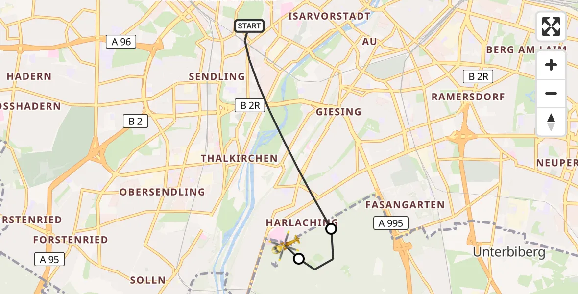 Flugroute Rettungshubschrauber München - ADAC Air Rescue Center Hubschrauberlandeplatz (Christoph 1), 15 Mai 2026, 16:02