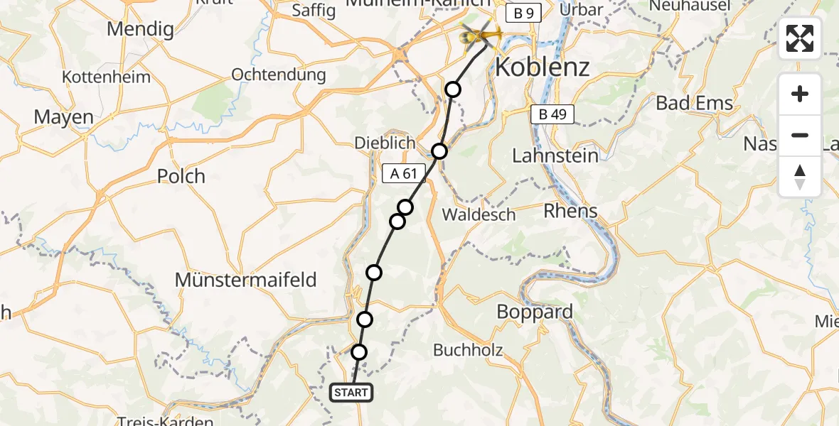 Flugroute Rettungshubschrauber Morshausen - Koblenz, 15 Mai 2026, 16:05