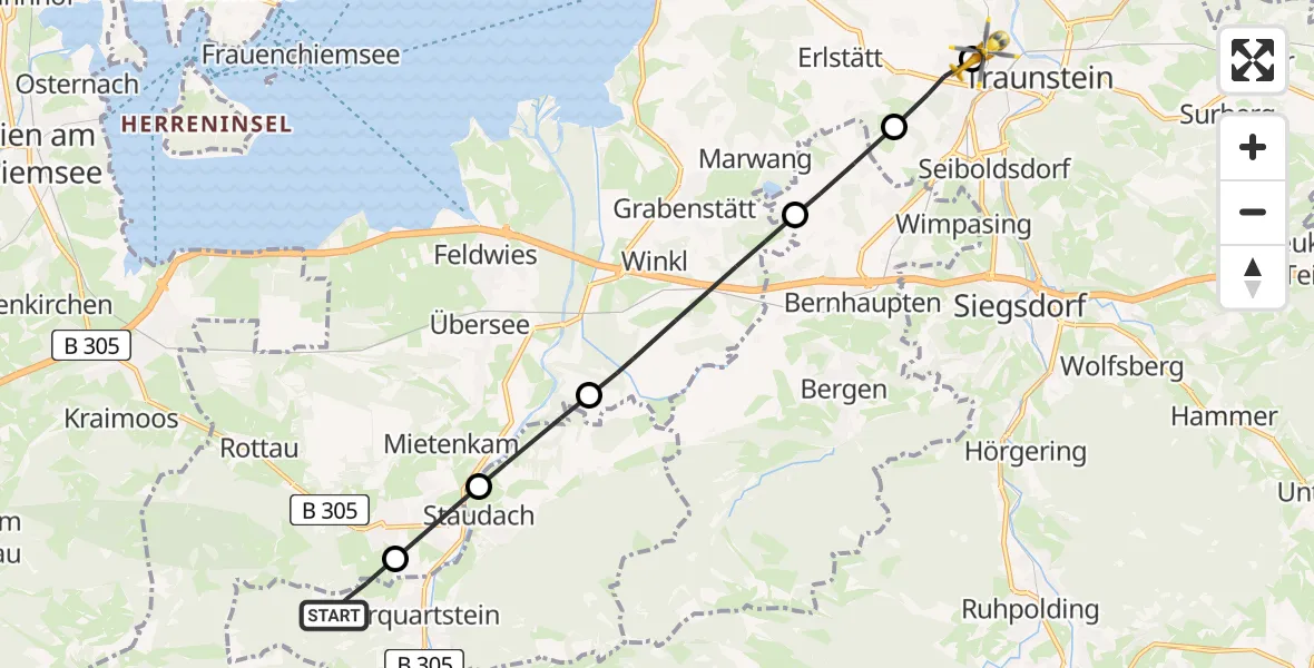 Flugroute Rettungshubschrauber Marquartstein - Traunstein Hospital, 15 Mai 2026, 16:05