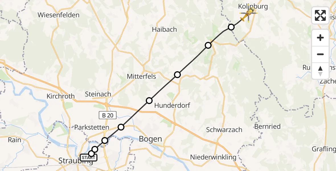 Flugroute Rettungshubschrauber Sankt Elisabeth Hospital Straubing - Kollnburg, 15 Mai 2026, 16:09