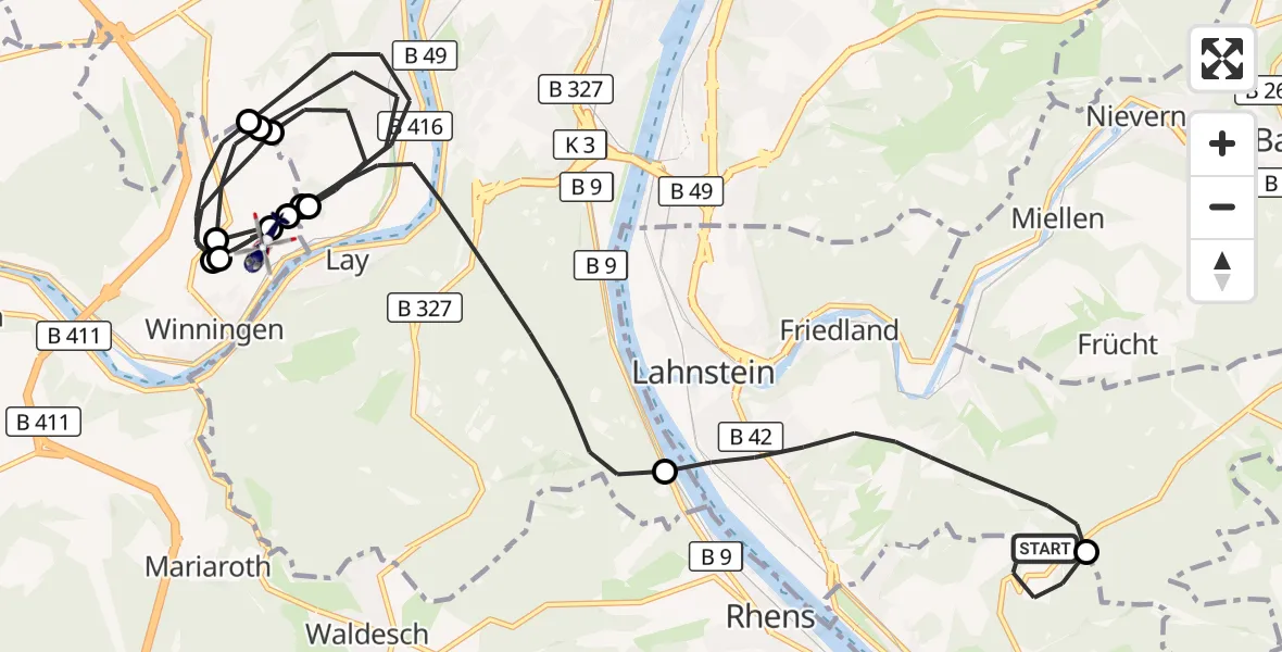 Flugroute Polizeihubschrauber Braubach - Koblenz-Winningen Flugplatz, 15 Mai 2026, 16:15
