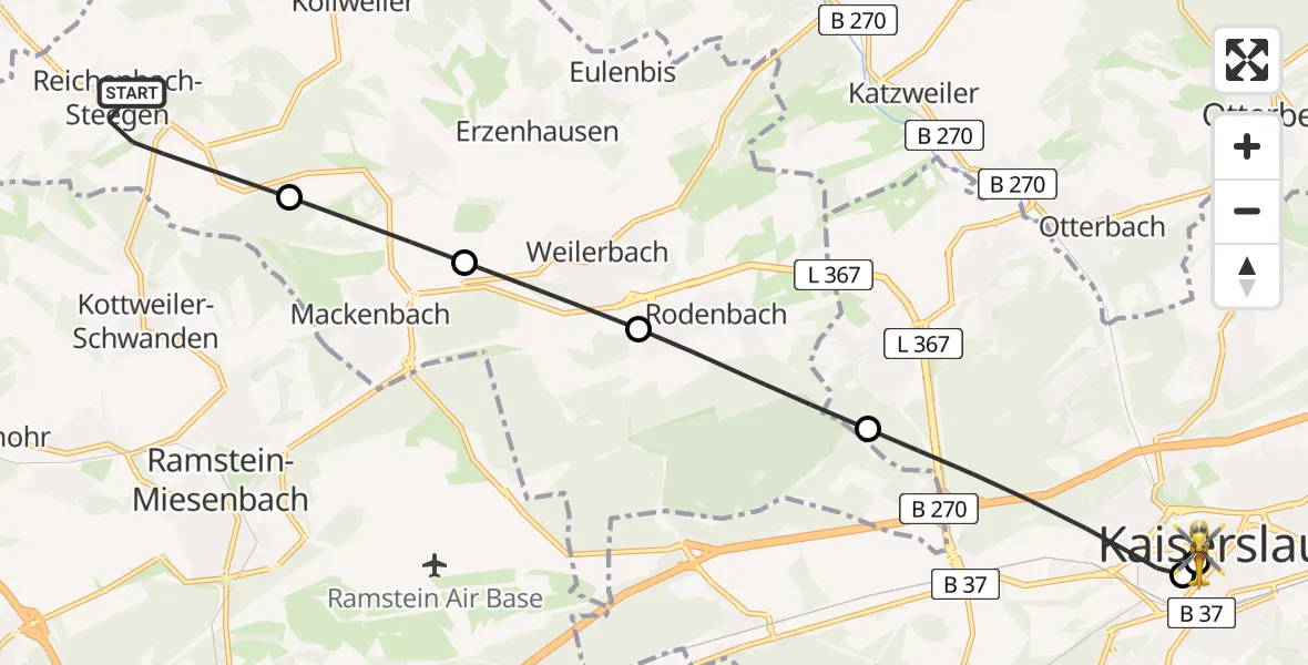 Flugroute Rettungshubschrauber Reichenbach-Steegen - Westpfalz Hospital Kaiserslautern, 15 Mai 2026, 16:23