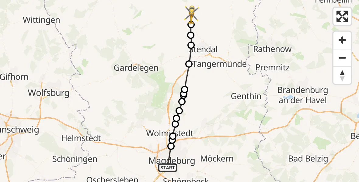 Flugroute Rettungshubschrauber Magdeburg - Osterburg (Altmark), 15 Mai 2026, 16:29