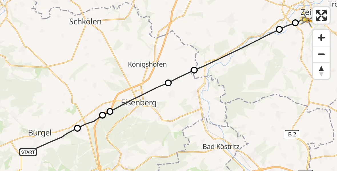 Flugroute Rettungshubschrauber Bürgel - Zeitz, 15 Mai 2026, 16:29