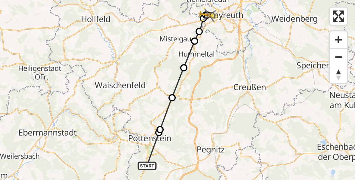 Flugroute Ambulanzhubschrauber Pottenstein - Bayreuth Hospital, 15 Mai 2026, 16:33
