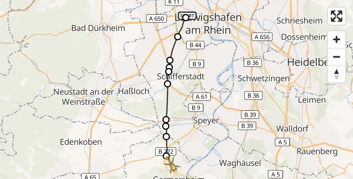 Flugroute Rettungshubschrauber Ludwigshafen Accident Hospital - Lingenfeld, 15 Mai 2026, 16:35