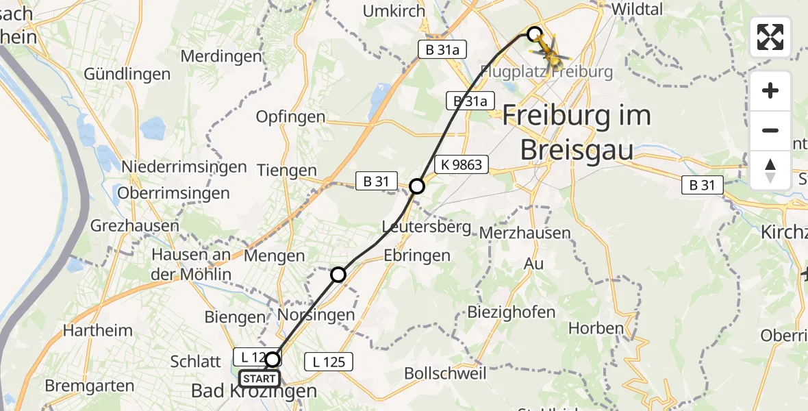 Flugroute Rettungshubschrauber Bad Krozingen - Freiburg im Breisgau Flugplatz, 15 Mai 2026, 16:41