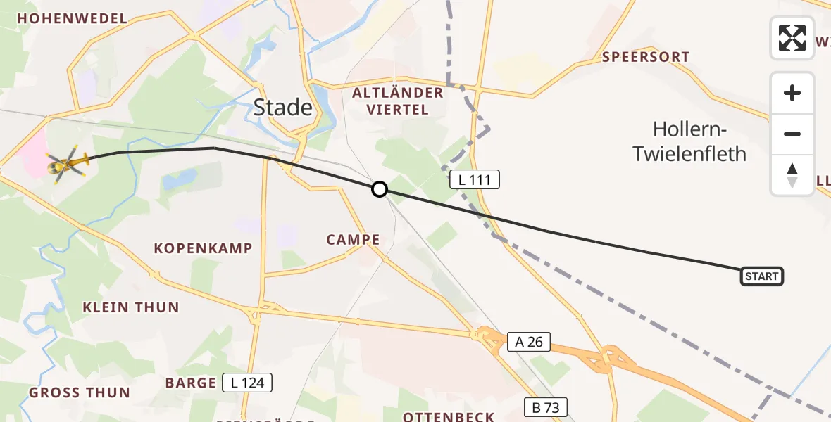 Flugroute Ambulanzhubschrauber Hollern-Twielenfleth - Stade, 15 Mai 2026, 16:43