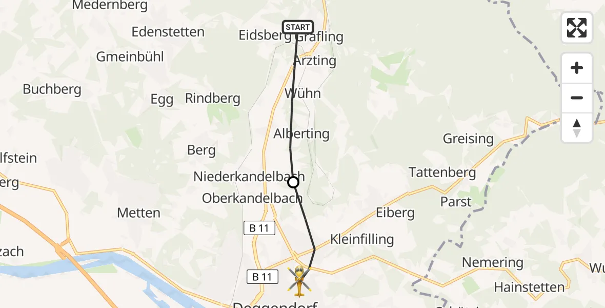 Flugroute Rettungshubschrauber Grafling - Deggendorf, 15 Mai 2026, 16:49