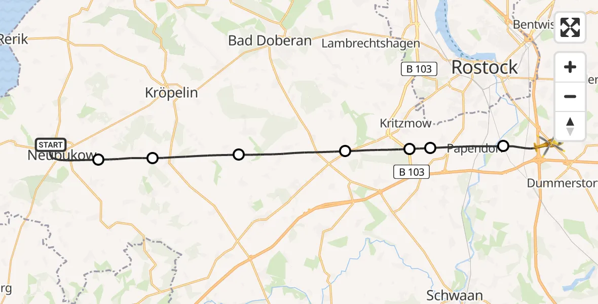 Flugroute Ambulanzhubschrauber Neubukow - Dummerstorf, 15 Mai 2026, 16:49