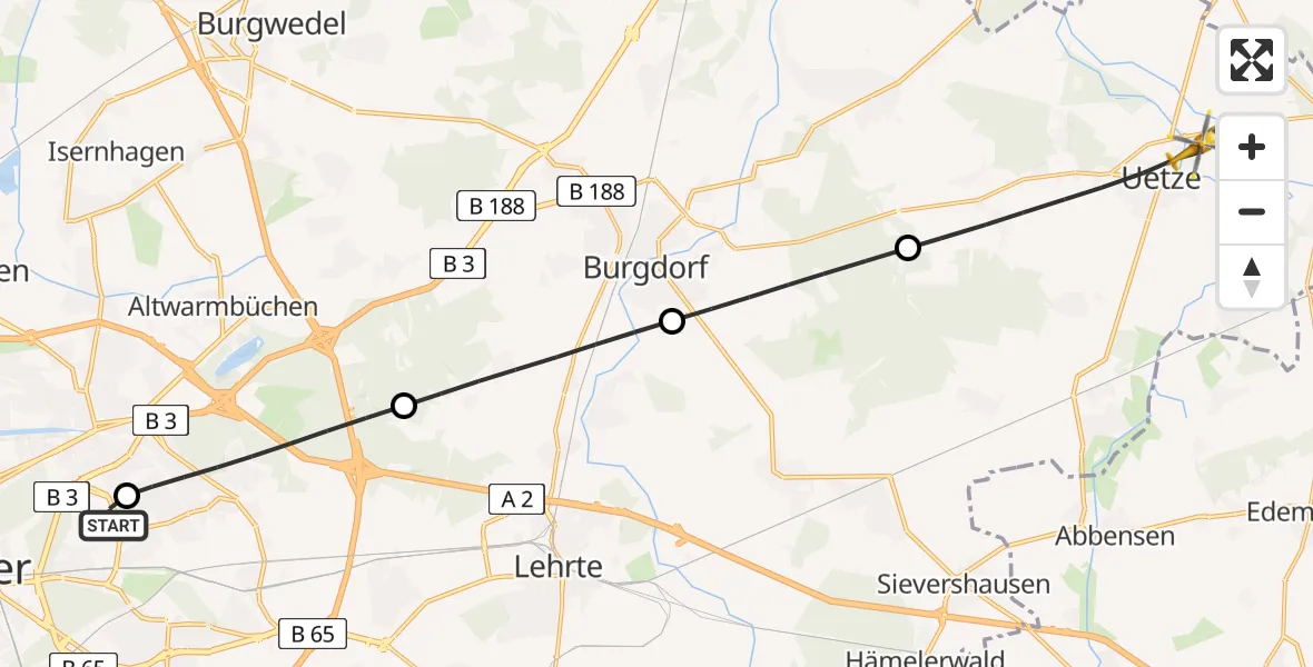 Flugroute Rettungshubschrauber Hannover Luftrettung Hubschrauberlandeplatz (Christoph 4) - Uetze, 15 Mai 2026, 16:51