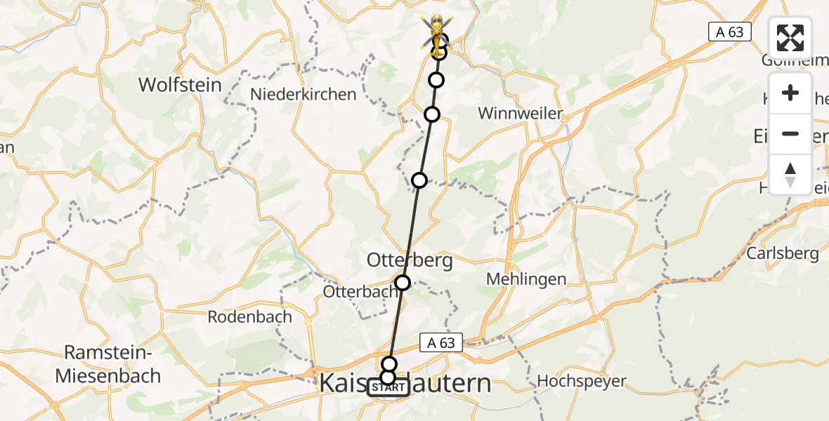 Flugroute Rettungshubschrauber Westpfalz Hospital Kaiserslautern - Imsweiler UL, 15 Mai 2026, 16:53