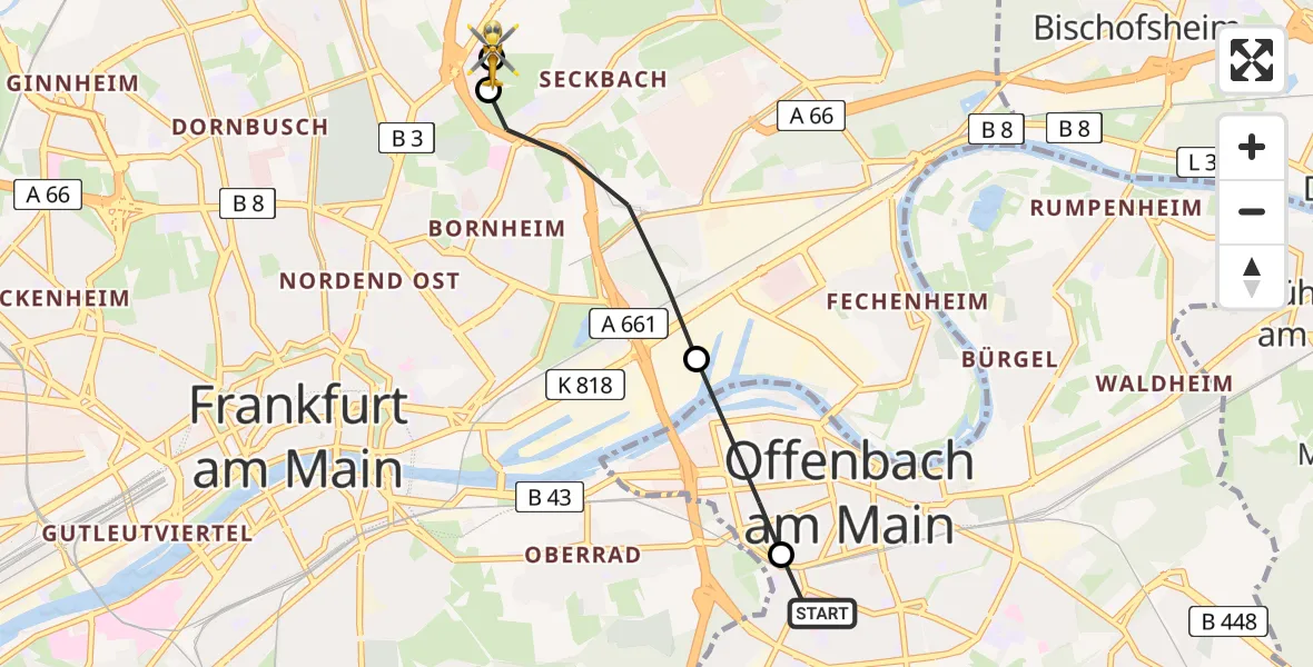 Flugroute Rettungshubschrauber Sana Hospital Offenbach - Frankfurt am Main Accident Hospital Roof Helipad (CHX2), 15 Mai 2026, 17:02