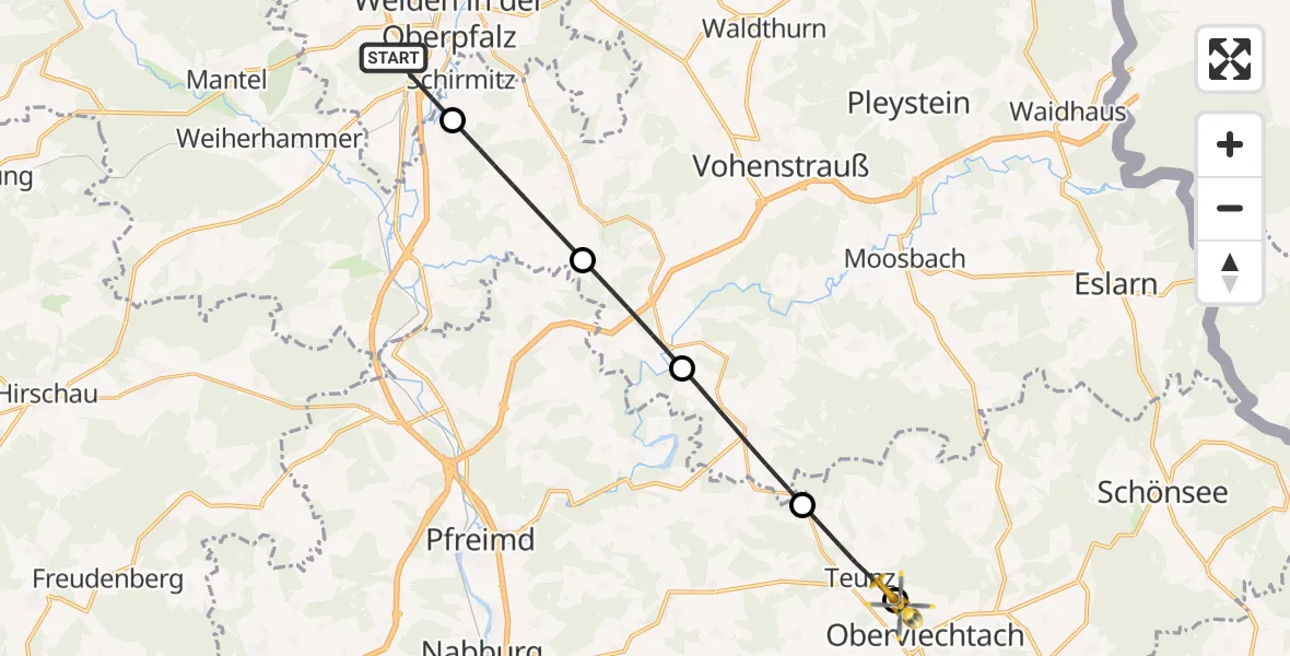 Flugroute Rettungshubschrauber Weiden i.d.OPf. - Oberviechtach, 15 Mai 2026, 17:05
