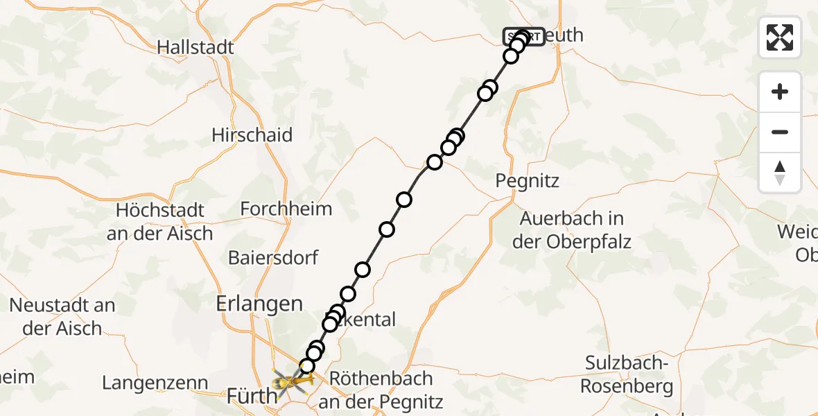 Flugroute Ambulanzhubschrauber Bayreuth Hospital - Flughafen Nuremberg, 15 Mai 2026, 17:08