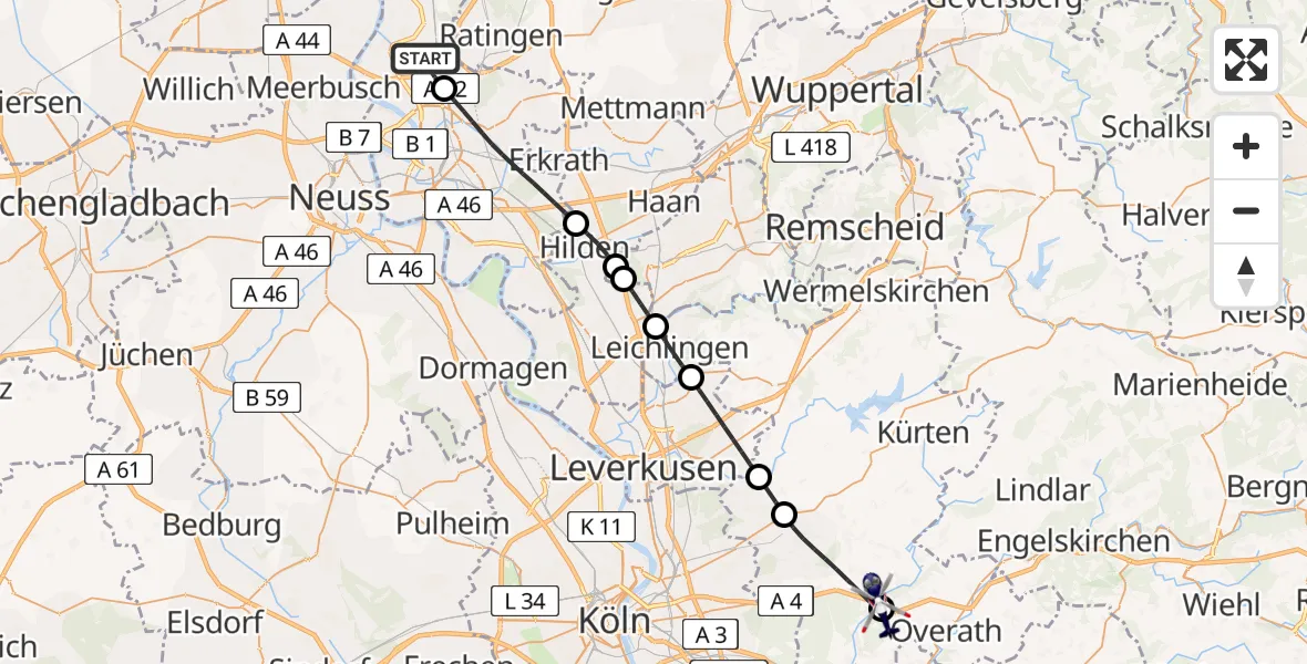 Flugroute Polizeihubschrauber Düsseldorf Flughafen - Overath, 15 Mai 2026, 17:13