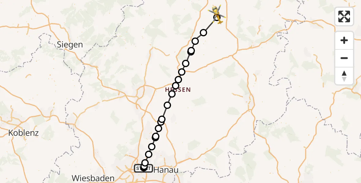 Flugroute Rettungshubschrauber Frankfurt am Main Accident Hospital Roof Helipad (CHX2) - Homberg (Efze), 15 Mai 2026, 17:24