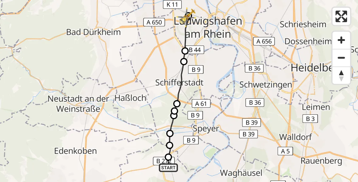 Flugroute Rettungshubschrauber Lingenfeld - Ludwigshafen Accident Hospital, 15 Mai 2026, 17:25