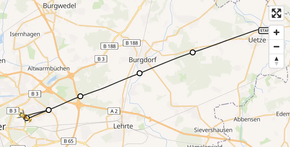 Flugroute Rettungshubschrauber Uetze - Hannover Luftrettung Hubschrauberlandeplatz (Christoph 4), 15 Mai 2026, 17:26