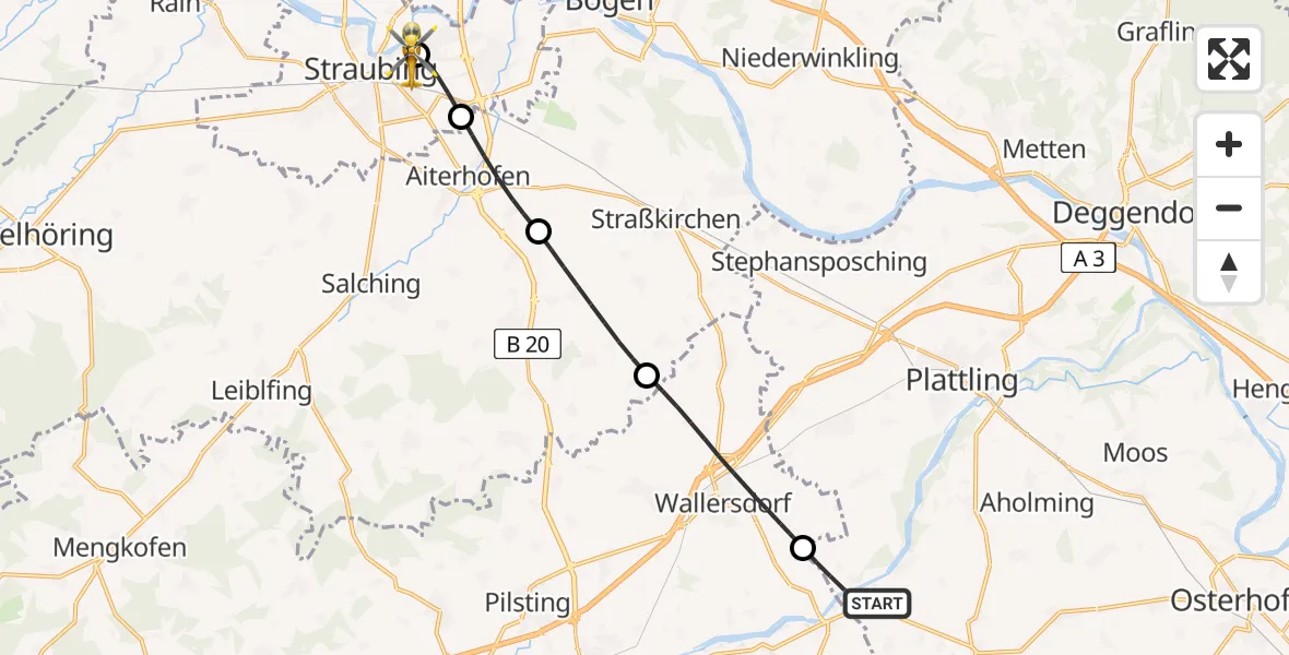 Flugroute Rettungshubschrauber Oberpöring - Sankt Elisabeth Hospital Straubing, 15 Mai 2026, 17:37