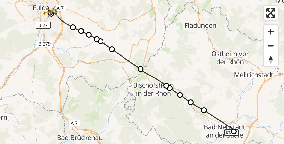 Flugroute Rettungshubschrauber Bad Neustadt an der Saale Hospital - Fulda Hospital, 15 Mai 2026, 17:44