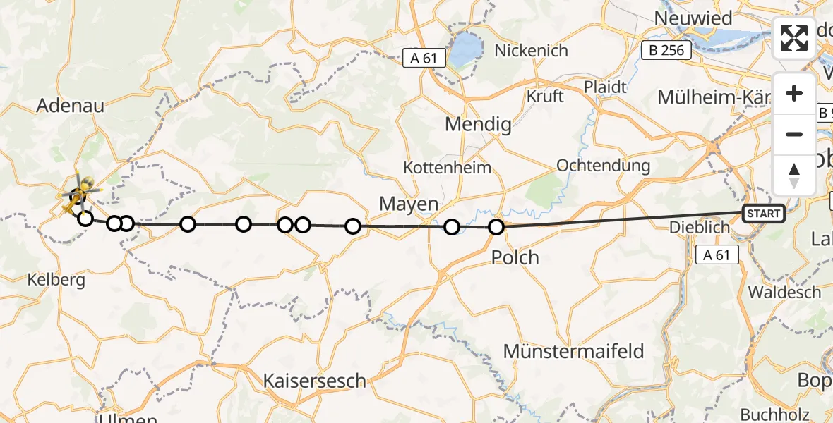 Flugroute Ambulanzhubschrauber Koblenz-Winningen Flugplatz - Nürburgring Hubschrauberlandeplatz, 15 Mai 2026, 17:44