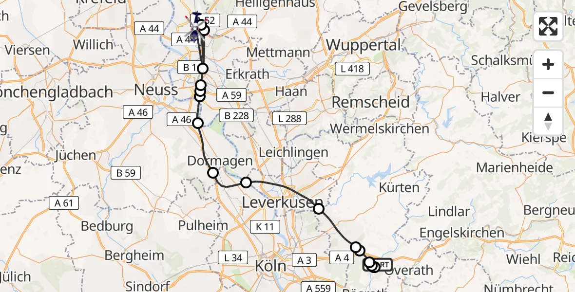 Flugroute Polizeihubschrauber Overath - Düsseldorf Flughafen, 15 Mai 2026, 17:45