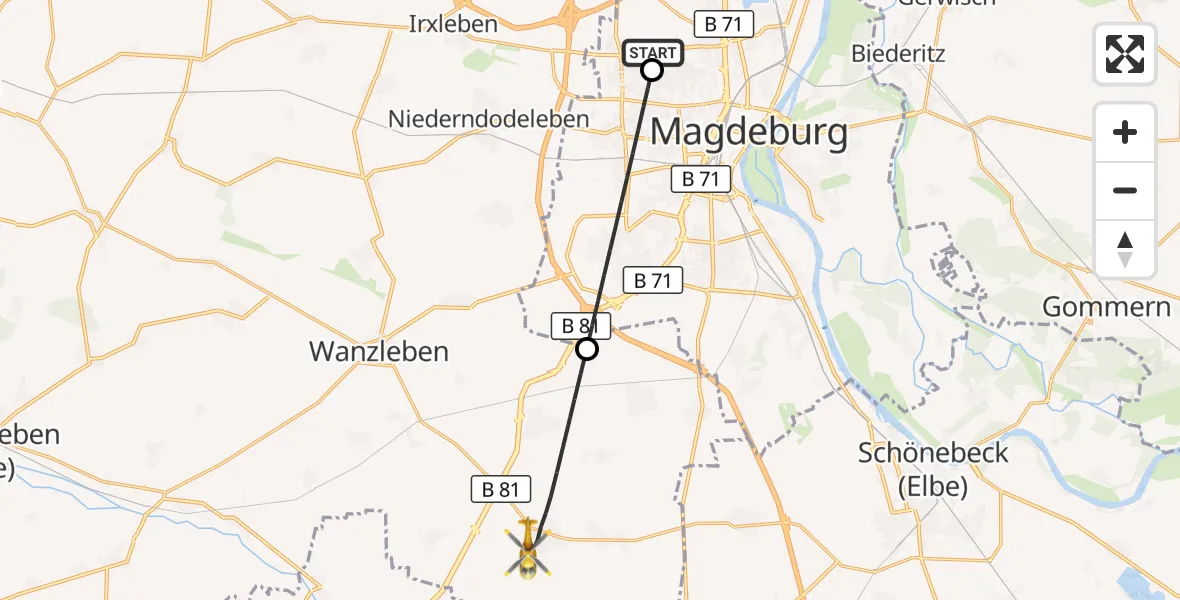 Flugroute Rettungshubschrauber Magdeburg Hospital - Sülzetal, 15 Mai 2026, 17:55