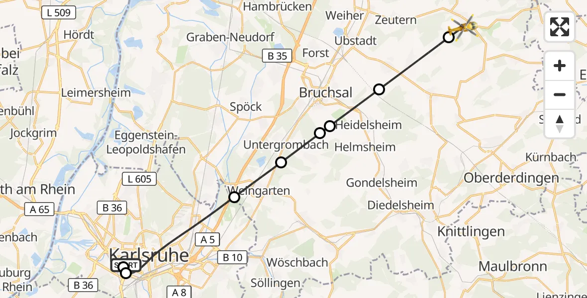 Flugroute Rettungshubschrauber Sankt Vincentius Hospital - Östringen, 15 Mai 2026, 17:58