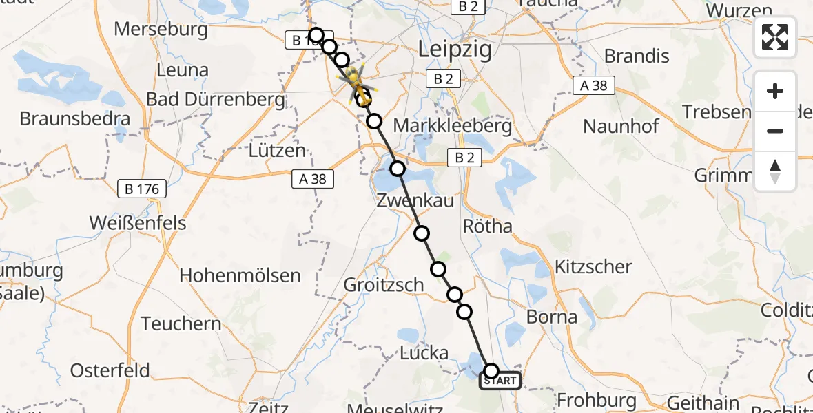 Flugroute Rettungshubschrauber Haselbach - Leipzig, 15 Mai 2026, 18:36