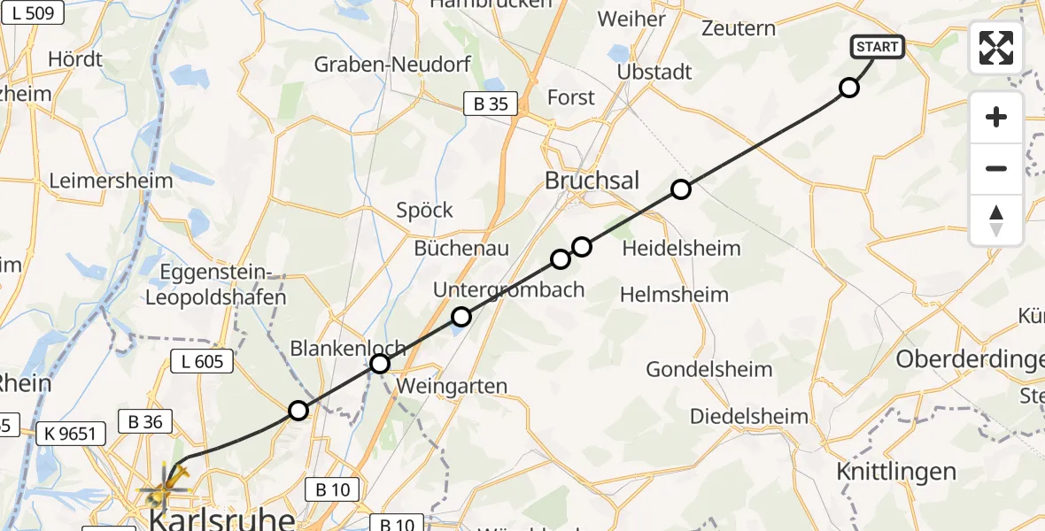 Flugroute Rettungshubschrauber Östringen - Karlsruhe, 15 Mai 2026, 18:37