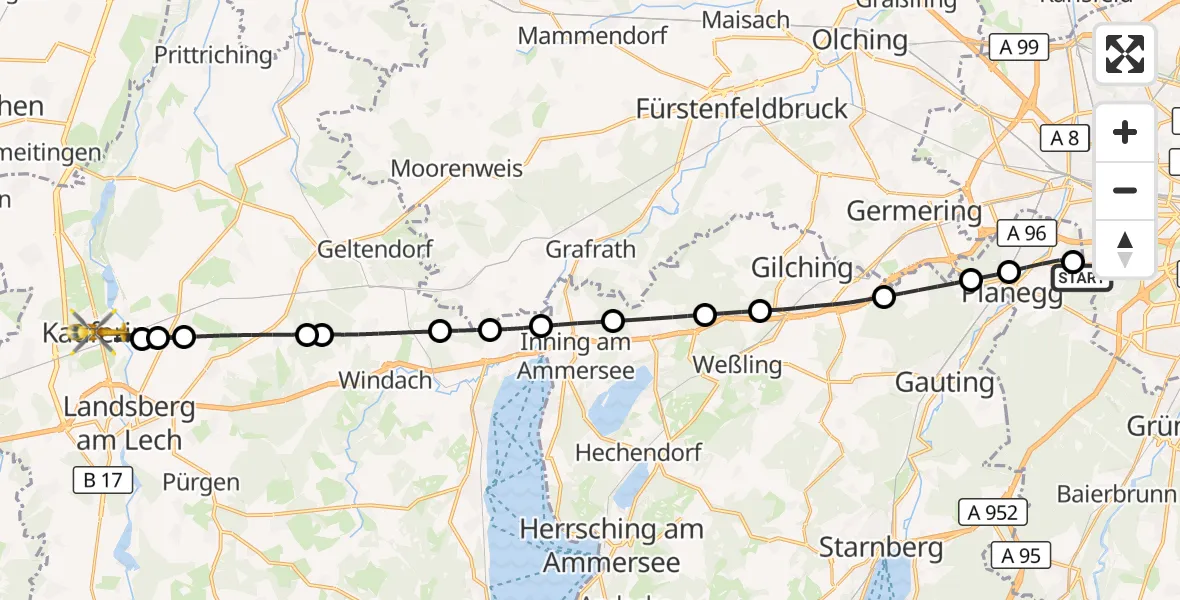 Flugroute Rettungshubschrauber DRF Air Rescue München Hubschrauberlandeplatz - Kaufering, 15 Mai 2026, 18:44