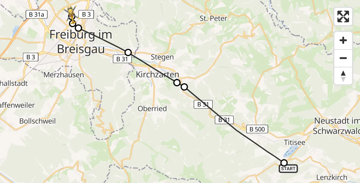 Flugroute Rettungshubschrauber Lenzkirch - Freiburg im Breisgau Flugplatz, 15 Mai 2026, 18:54