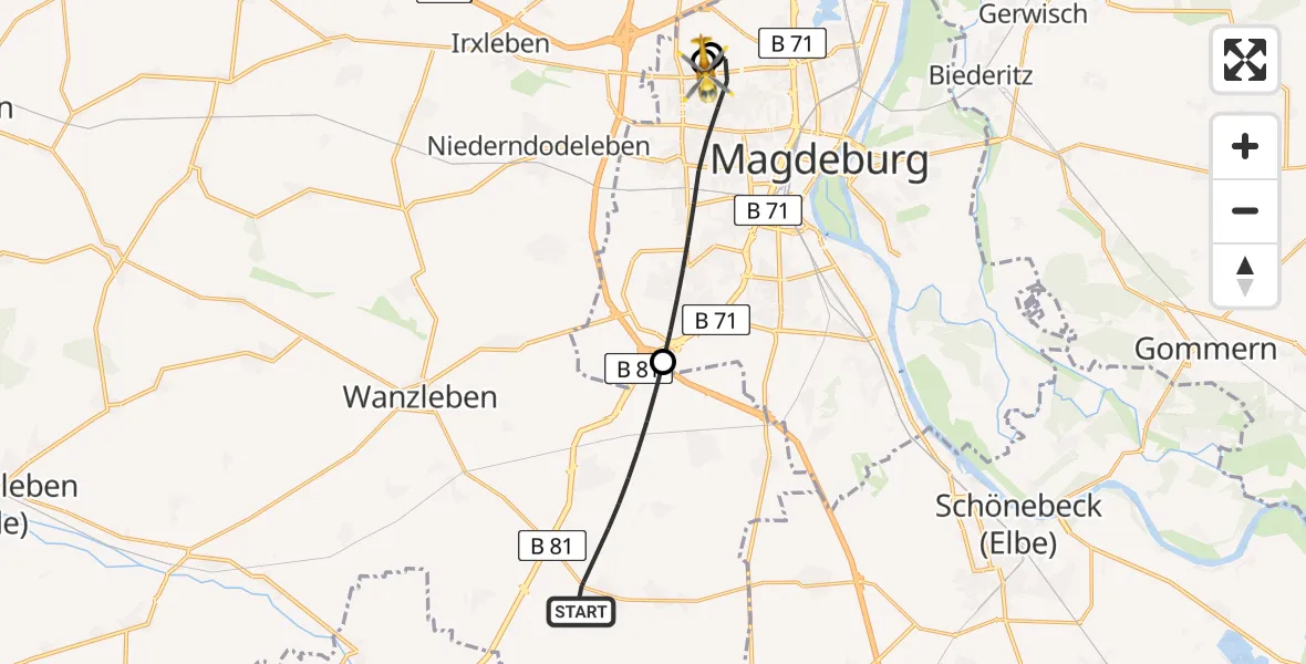 Flugroute Rettungshubschrauber Sülzetal - Magdeburg Hospital, 15 Mai 2026, 19:04
