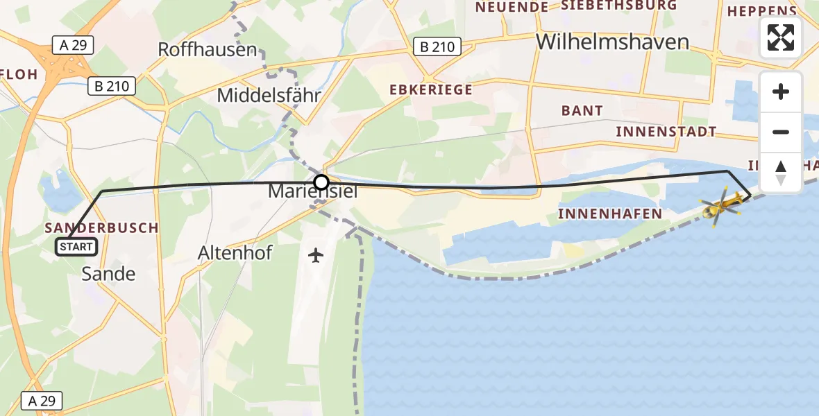 Flugroute Rettungshubschrauber Sande - Wilhelmshaven, 15 Mai 2026, 19:15